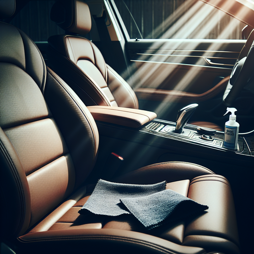 Un intérieur de voiture élégant, vu de biais, mettant en valeur des sièges en cuir bien entretenus. Dans la scène, un rayon de lumière naturelle éclaire subtilement les surfaces, mettant en relief la texture du cuir. Sur le siège passager, un chiffon microfibre plié et une bouteille de produit d’entretien sont posés, suggérant un entretien récent. L’ambiance est propre, soigneusement ordonnée, sans personne présente, et l’habillage donne une impression de confort, de soin et de luxe discret.