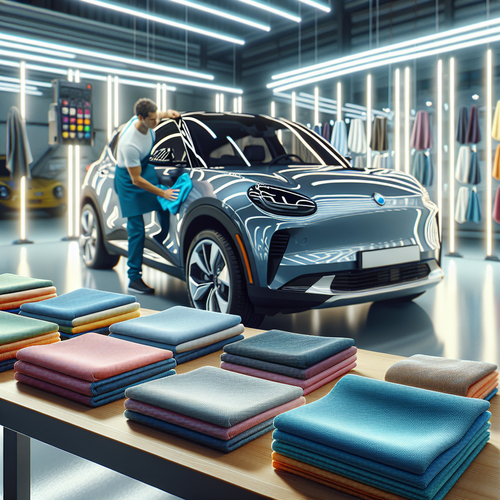 Scène lumineuse dans un garage moderne où une voiture est essuyée avec un chiffon microfibre bleu