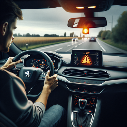 Un conducteur à l’intérieur d’une Peugeot 3008 moderne, remarquant un voyant orange allumé sur le tableau de bord