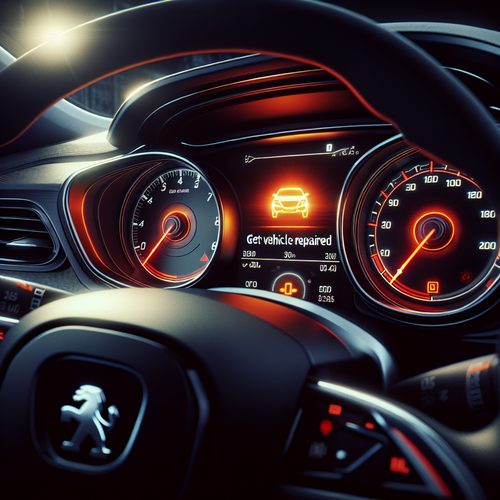 Symbole du moteur Peugeot 3008, voyant d’alerte électronique et représentation visuelle de problèmes mécaniques en arrière-plan