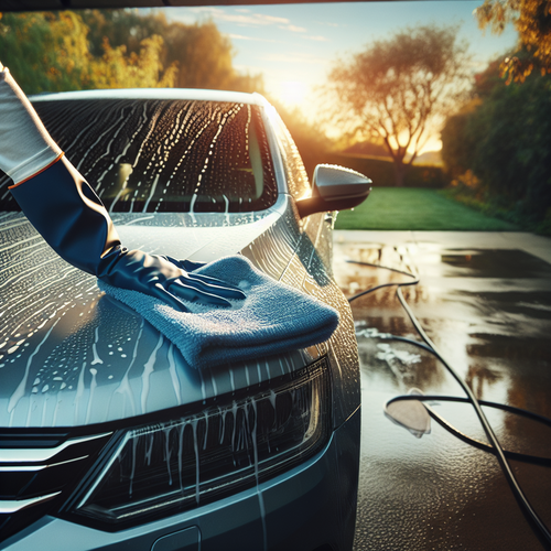 Une scène lumineuse montre une voiture fraîchement lavée dans une allée propre ou sur une aire de lavage, entourée de nature ou d’une ambiance de fin de journée. Au premier plan, une main gantée applique délicatement une grande serviette microfibre bleue sur la carrosserie lustrée, absorbant les gouttelettes d’eau. La voiture reflète légèrement le ciel et les arbres environnants, aucune trace ni projection visible, accentuant le côté soigné et méticuleux de l’opération. L’ambiance est paisible, évoquant la satisfaction du travail bien fait et le souci du détail sans aucun contexte risqué. – serviette-sechage-voiture.jpg