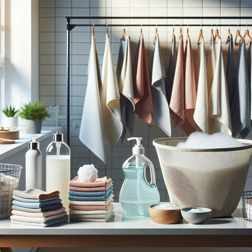 Chiffons microfibres colorés triés, lessive liquide, filet de lavage et routine d’entretien dans une buanderie claire