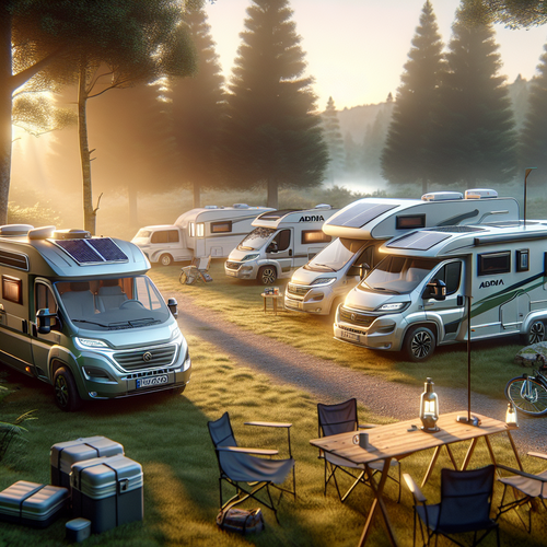Une aire de camping paisible au petit matin, avec plusieurs modèles de véhicules Adria récents – un van compact, un camping-car profilé et une caravane – garés sur l’herbe, entourés d’arbres et d’accessoires de voyage ; la lumière douce fait ressortir les lignes modernes des véhicules.