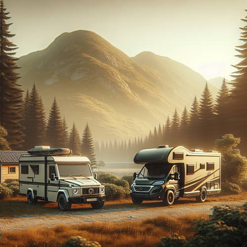 Illustration d'une aire de camping-car dans un paysage européen, avec deux véhicules côte à côte : Adria robuste et Autostar élégant, arbres et montagnes, ambiance conviviale