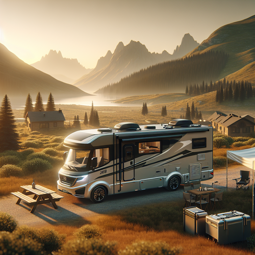 Un camping-car moderne Autostar 2025 stationné dans un paysage naturel, entouré de montagnes au loin et d'une clairière verdoyante.