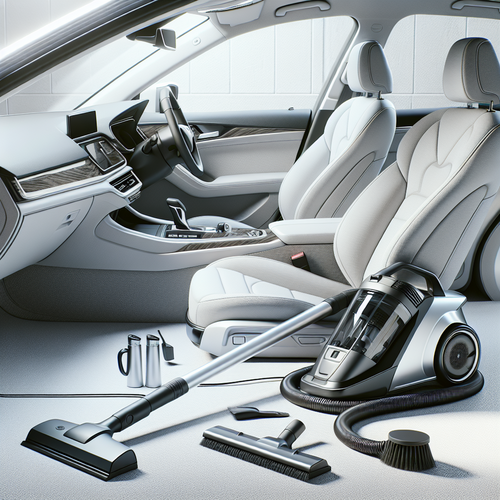 Un intérieur de voiture moderne et lumineux, très propre, avec des sièges bien entretenus. Un aspirateur voiture professionnel posé sur le sol, équipé de plusieurs accessoires (brosse, suceur fin) à côté de lui. L’ambiance est sereine, mettant en avant la praticité de l’équipement, sans personnages, dans un garage organisé ou un environnement de stationnement neutre, lumière naturelle.