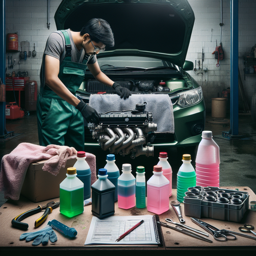 Un mécanicien examine du liquide de refroidissement dans un garage automobile