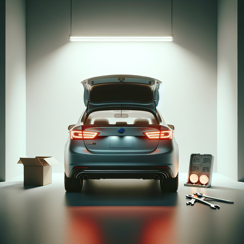 Les trois feux stop d'une voiture moderne s'allument dans un garage propre, reflétant sur le mur blanc.