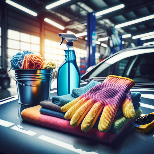 Un gant microfibre posé sur le capot d'une voiture, dans un environnement lumineux de garage auto. Le gant, épais et doux, est de couleur vive, contrastant avec la carrosserie brillante. À côté, se trouvent un seau d'eau, une bouteille de produit d'entretien automobile et un chiffon plié. L'ambiance est propre, ordonnée, mettant en valeur l'aspect moderne et soigné du matériel de nettoyage.