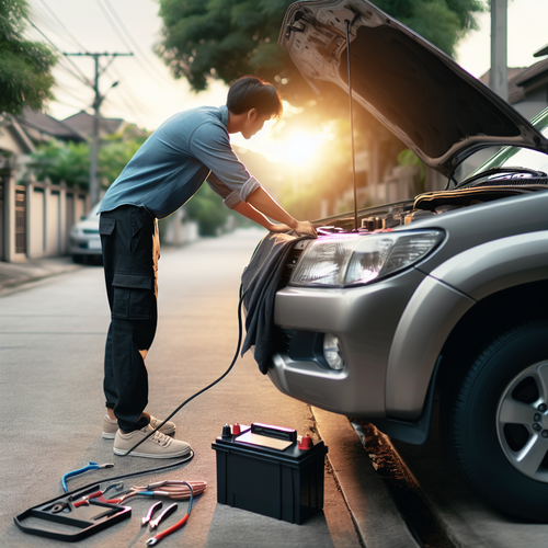 Un automobiliste lève le capot de sa voiture et inspecte la batterie et les câbles - inspection-batterie.jpg