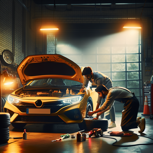 Un garage bien éclairé, une voiture garée avec le capot ouvert, une personne vérifie les feux et signalisations avec l’aide d’un proche, inspection minutieuse des pneus, le tout dans une atmosphère méthodique mais détendue, présence d’outils basiques et d’un chiffon pour nettoyage, absence totale d’éléments risqués ou sensibles.