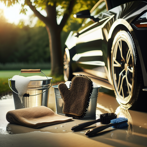 Un gant de lavage en microfibre posé sur le capot d'une voiture, à côté d’un seau d’eau savonneuse et d’un autre seau d’eau claire, sous une lumière naturelle douce. La voiture, bien entretenue, reflète les arbres alentours sur sa carrosserie brillante. L’environnement est paisible, illustrant l’ambiance relaxante d’une séance de nettoyage automobile, avec quelques accessoires discrets comme une microfibre pliée et des produits d’entretien posés au sol à proximité.