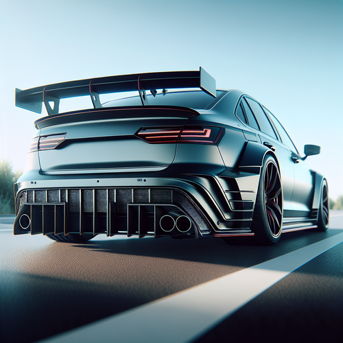 Une voiture moderne vue de dos sur une route dégagée, mettant en valeur un diffuseur bien intégré à l’arrière du véhicule