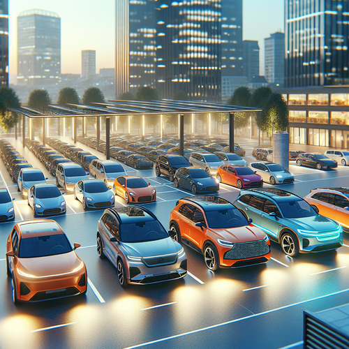 Un parking automobile bien éclairé dans une ville moderne, mettant en valeur différents styles de toits de voitures garées côte à côte : un SUV à pavillon droit, un break avec toit surélevé, une berline sportive à pavillon tombant, et une citadine colorée affichant un pavillon flottant bicolore et une autre dotée d’un toit panoramique en verre. L'ambiance est urbaine et conviviale, les véhicules sont neufs et il n'y a aucune présence humaine.
