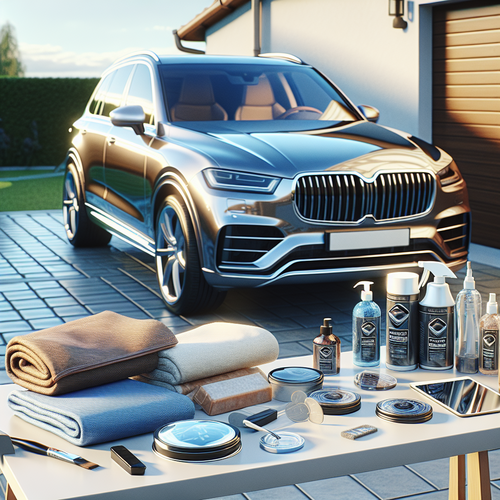 Une voiture récente garée en extérieur dans une allée résidentielle, sa carrosserie reflète la lumière du soleil et apparaît particulièrement brillante et propre. À côté du véhicule, sur une table, sont présentés différents types de produits de protection automobile.