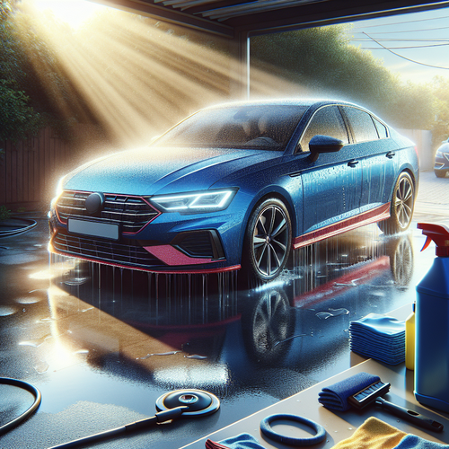 Traitement céramique voiture : éclat miroir et protection hydrophobe sur carrosserie - voiture sur allée propre avec accessoires detailing