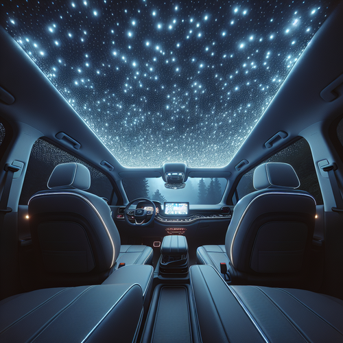 L'intérieur d'une voiture vue de l'arrière, avec les sièges avant visibles et une vue du plafond illuminé par de nombreux petits points lumineux imitant un ciel étoilé, créant une ambiance cosy et magique.