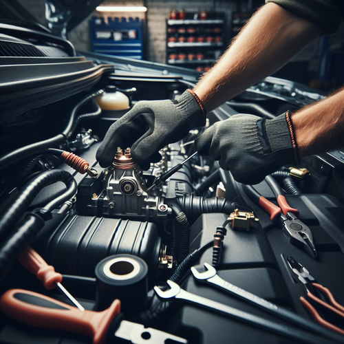Une vue détaillée sous le capot d'une voiture où une personne, munie de gants, remplace soigneusement un câble de démarreur