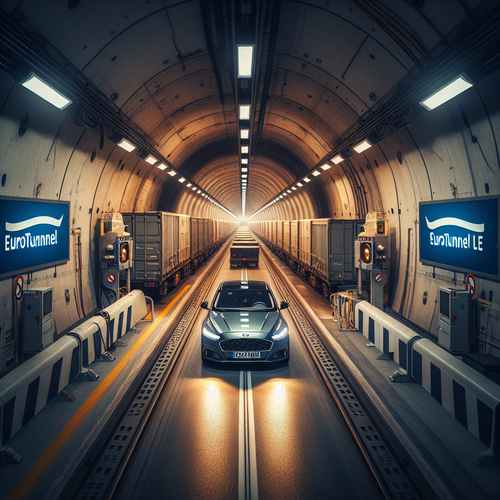 Une voiture installée dans un wagon du train Eurotunnel Le Shuttle, à l’intérieur d’un tunnel, avec une lumière douce filtrant par les ouvertures, des panneaux de signalisation ferroviaire visibles, ambiance calme et organisée. On distingue d’autres véhicules alignés dans le wagon, illustrant l’expérience de traversée souterraine de la Manche, sans aucune situation à risque ni élément sensible.