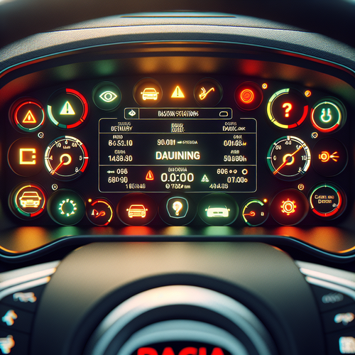 Un tableau de bord d'une voiture Dacia affichant plusieurs voyants lumineux rouges, jaunes et verts