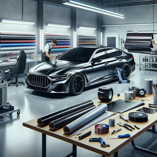 Professionnels posant un covering sur une voiture moderne dans un atelier lumineux - covering-en-cours.jpg