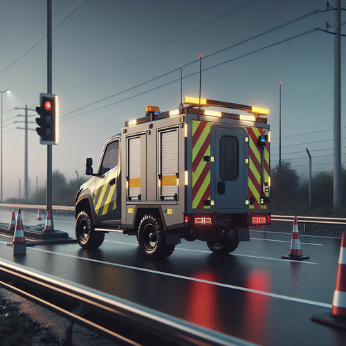 Une voiture utilitaire stationnée sur le bord d’une route, équipée de bandes réfléchissantes blanches et jaunes, de chevrons rouges et blancs à l’arrière et d’une rampe LED éteinte sur le toit. Autour, la chaussée est humide, l’ambiance est crépusculaire et quelques cônes de signalisation jalonnent la bordure pour mettre en avant la thématique de la visibilité et de la sécurité routière. Scène neutre, sans personnage ni situation dangereuse.