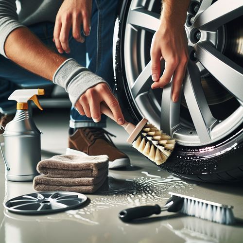 Un plan rapproché d'une main munie d'une brosse douce nettoyant soigneusement une jante alu d’une voiture - accessoires d’entretien automobile visibles