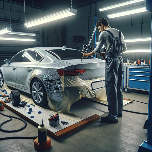 Une scène de garage automobile éclairé, où un technicien spécialisé utilise des outils de débosselage sans peinture sur la carrosserie d'une voiture recouverte de petites bosses, typiques d'un orage de grêle. L’ambiance est professionnelle et organisée, l’atelier est propre, avec des équipements de carrosserie bien rangés en arrière-plan, et aucune indication de blessure, de personnes en difficulté ou de contenus sensibles.