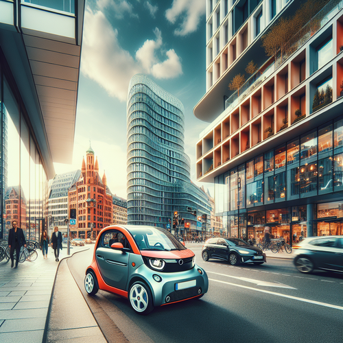Une microcar moderne, compacte et colorée, stationnée dans une rue de centre-ville animée.