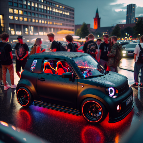 Une petite voiture sans permis tuning avec covering noir, jantes rouges et LED intérieures sur un parking urbain