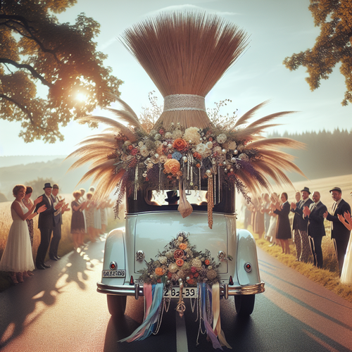 Une voiture de mariage élégamment décorée avance sur une route de campagne ensoleillée. À l'arrière, un balai traditionnel en paille naturelle orné de fleurs fraîches et de rubans colorés.