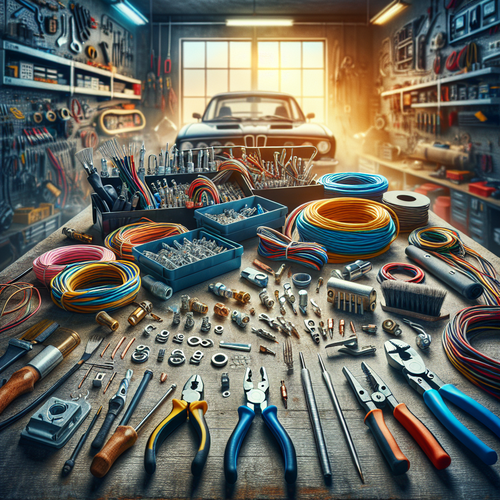 Différents types de cosses électriques de voiture et outils sur un établi clair, ambiance pédagogique