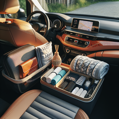 Intérieur lumineux d’une voiture propre avec accessoires tendance (organiseur de coffre, coussin ergonomique, diffuseur d’ambiance), évoquant confort, praticité et originalité en toute élégance.