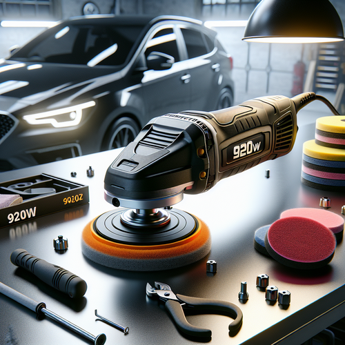 Une polisseuse orbitale AUTIWOZ 920W posée sur un établi dans un garage lumineux, entourée de ses accessoires : plusieurs pads colorés, une clé de montage, et deux poignées différentes.