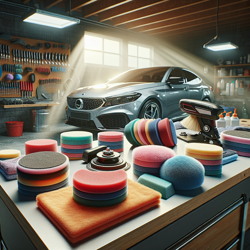 Une scène montrant un kit de tampons et polisseurs de voiture posé sur un établi bien rangé dans un garage lumineux. Le kit comprend plusieurs tampons en mousse multicolores, des bonnets en microfibre et un plateau de fixation. En arrière-plan, on aperçoit la carrosserie d'une voiture propre et brillante, illustrant l'utilisation du kit dans un contexte d'entretien automobile domestique. L'ambiance est ordonnée et accueillante, mettant en avant le côté pratique et accessible de l'équipement.