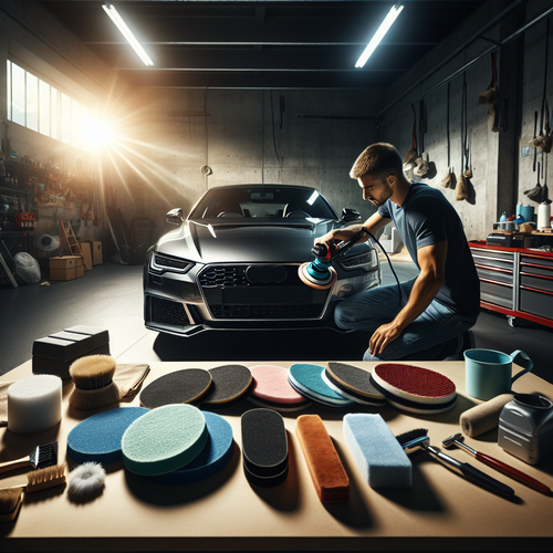 Polisseuse ENEACRO en action sur une voiture brillante dans un garage, avec accessoires de detailing