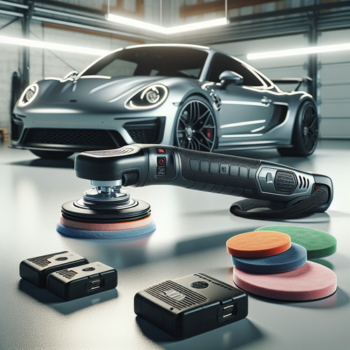 Une polisseuse de voiture sans fil Protmex est posée à côté d'une voiture, sur un sol de garage propre. On voit la machine équipée de son plateau de 150 mm et de sa poignée ergonomique, deux batteries sont disposées à côté, ainsi que quelques pads de polissage colorés. L’ambiance est lumineuse et ordonnée, mettant en valeur l’aspect pratique et complet du kit, avec la voiture qui brille légèrement à l'arrière-plan.