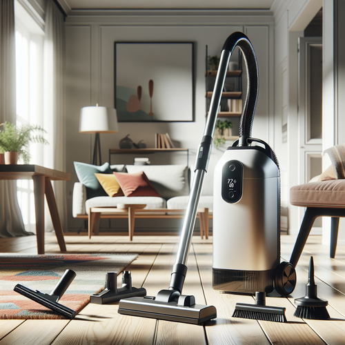 Un salon propre et lumineux avec l'aspirateur balai Bulelink entouré de ses accessoires