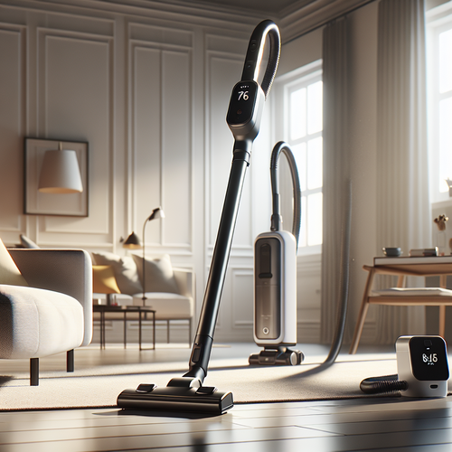 Un aspirateur balai sans fil de style moderne posé dans un salon lumineux, avec accessoires et support mural - proscenic-p15-design.jpg