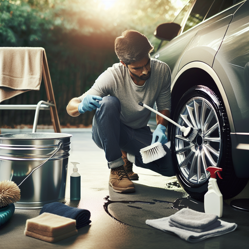 Un scène de nettoyage automobile en extérieur : une voiture stationnée à l’ombre, une personne portant des gants applique un produit décapant sur une jante en aluminium à l’aide d’une brosse souple. Un seau, une microfibre et une bouteille de produit sont posés au sol à proximité. L’ambiance est propre et soignée, les jantes brillent, l’environnement est calme et sans danger, typique d’un entretien automobile méticuleux.