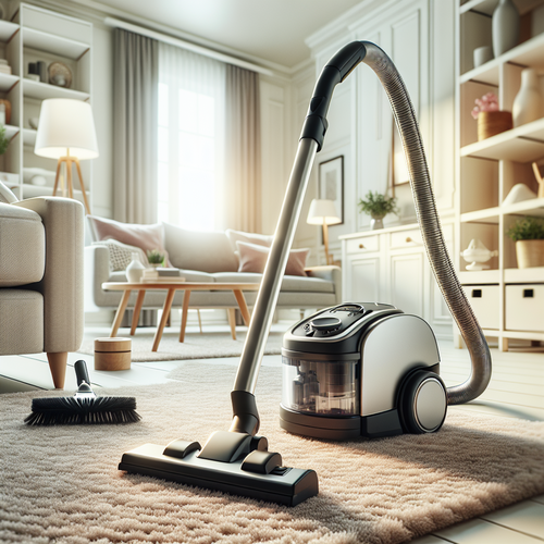 Scène lumineuse dans un salon moderne avec un tapis épais, un aspirateur-nettoyeur Vacmaster SCA0801 en action.