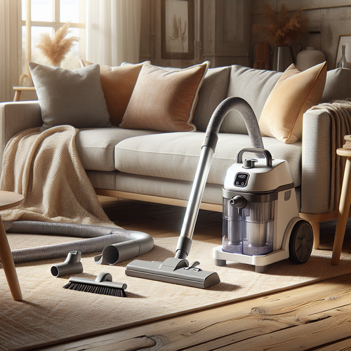 Un salon moderne, propre et lumineux avec un BISSELL SpotClean C5 400W posé près d’un canapé, accessoires visibles.