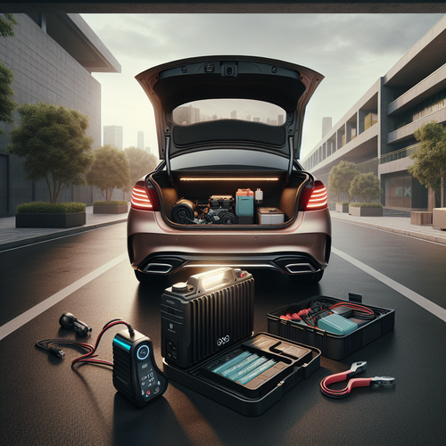 Scène montrant un coffre de voiture ouvert sur un parking, avec un petit appareil moderne (booster de batterie NOCO Boost GB40) posé à côté de la batterie du véhicule. L’ambiance est pratique et rassurante, avec des accessoires rangés de façon ordonnée. L’arrière-plan montre un environnement urbain calme. La scène met en avant la compacité de l’appareil, sa simplicité d’utilisation et l’éclairage LED qui aide à voir clairement dans le moteur, sans aucune mention de personnes en difficulté.