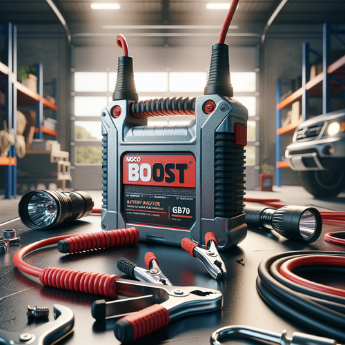 Un booster de batterie NOCO Boost GB70 posé sur une table de garage, entouré d’accessoires automobiles courants comme des câbles et une lampe torche. L’appareil affiche un design robuste et compact, ses pinces bien visibles, dans une ambiance de préparation de départ ou d’entretien de véhicule. La scène se déroule dans un environnement propre, bien éclairé, reflétant la sécurité et la fiabilité de l’outil.