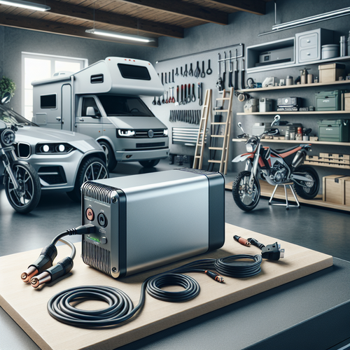 Chargeur de batterie CTEK posé à côté d'une voiture, d'une moto et d'un camping-car dans un garage bien rangé – polyvalence et simplicité d'utilisation