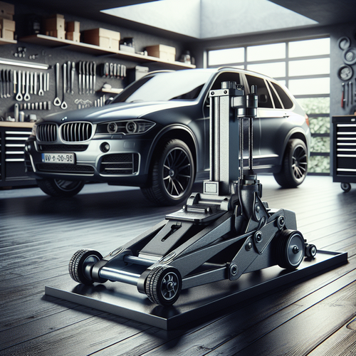 Un garage éclairé et bien rangé avec un cric hydraulique Gentor 3T gris et noir, posé au sol à côté d'une voiture, sur fond de murs à outils.