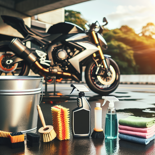 Un espace de nettoyage moto en extérieur, une moto garée sur une surface propre, un seau d'eau, une bouteille de nettoyant jante moto spécialisée bien visible, plusieurs brosses douces et des chiffons en microfibre colorés posés à côté. L’atmosphère est lumineuse, ambiance d’entretien méticuleux et professionnel, aucun humain en scène, focus sur la préparation soignée des outils pour nettoyer les jantes dans un environnement respectueux.