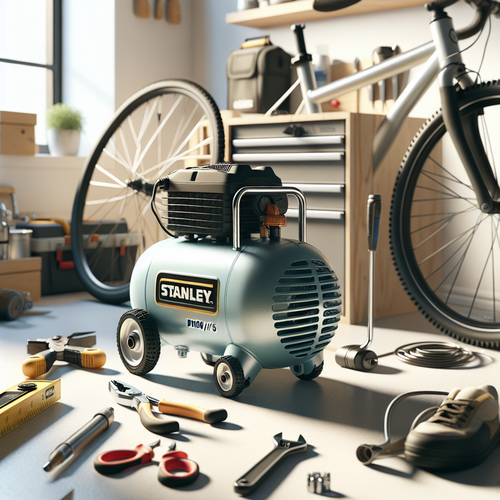 Un compresseur Stanley DN200/10/5 compact posé sur le sol d’un atelier domestique lumineux, entouré d’outils de bricolage courants, avec des pneus de vélo et une caisse à outils à proximité. L’ambiance est propre, ordonnée et pratique, mettant en avant la portabilité et l’ergonomie du compresseur avec sa poignée bien visible.