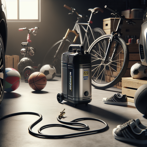 Un compresseur d’air portable Michelin MBL6 est posé sur le sol d’un garage, entouré de divers objets du quotidien : un vélo, une voiture garée à proximité, quelques ballons de sport et une trottinette, tous bien rangés. L’ambiance est sobre et organisée, avec un éclairage doux. Le compresseur, compact et doté d’un flexible soigneusement enroulé, met en avant sa portabilité et sa polyvalence d’utilisation.
