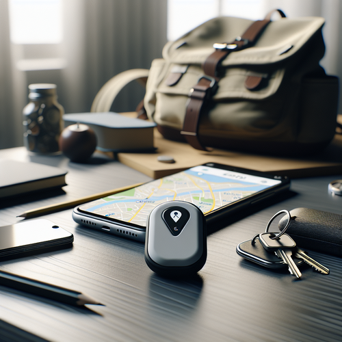 Un tracker GPS compact et discret posé sur un bureau à côté d’objets du quotidien comme des clés, un sac à dos et un téléphone